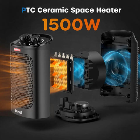 Exploded view of Powerful 1500W Portable Space Heater With 60 Degree Oscillation For Indoor Use showing ceramic PTC element