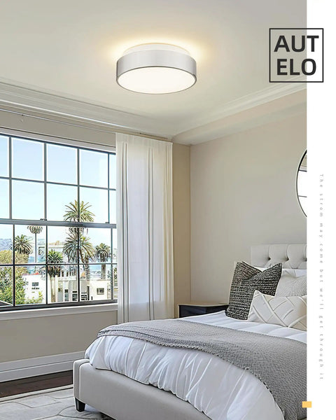 12 Inch Flush Mount Ceiling Light Fixture With Frosted Glass Shade In Brushed Nickel Finish in modern bedroom setting