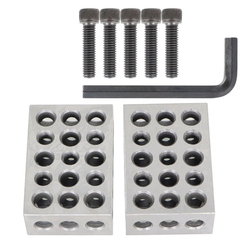 Front view of two silver 1 x 2 x 3 inch metal gauge blocks with 23 threaded holes, screws, and L-shaped hex key