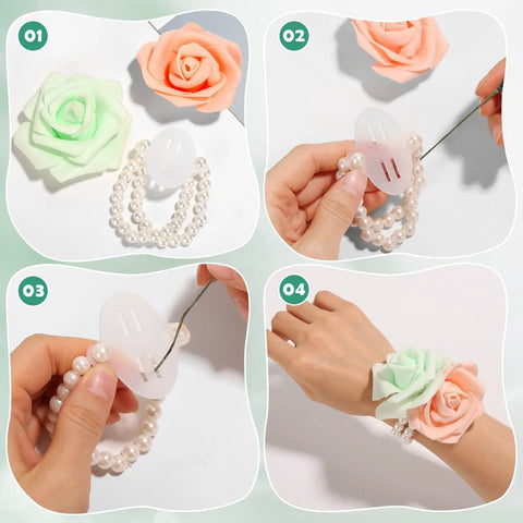 DIY process using Elastic Pearl Wrist Corsage Bands from Must Have Floral Arrangement Tool Kit With Green Floral Tape And Wire.