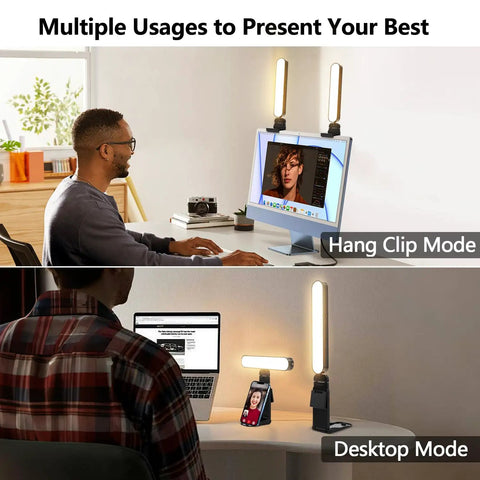 Dual Lamp Ring Light For Video Calls And Live Streaming With Remote And Touch Dimming Pro Grade LED Lighting setup on desk and monitor