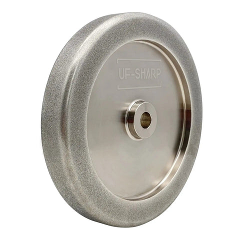 Side view of 6 Inch 4 In 1 CBN Grinding Wheel With 600 Grit, One Quarter Inch Radius On Each Edge For Hollow Tool Bits And Scrapers