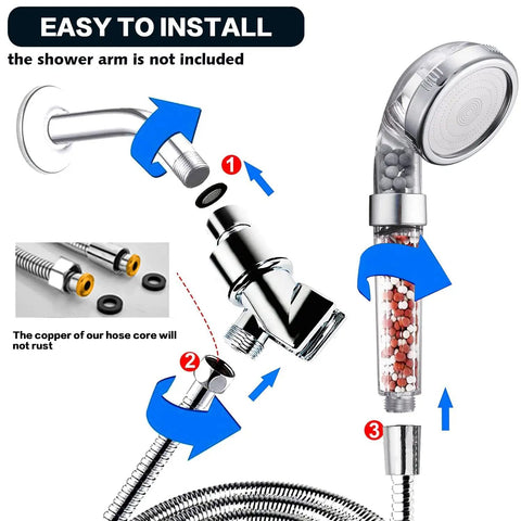 Installation steps for Kickin High Pressure Handheld Shower Head With 59 Inch Hose, Vortex Turbo Spray, Ionic Filter displayed