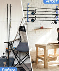 Before and after installation of Five Rod Holder Wall And Ceiling Rack For Garage Storage Fits Spinning Casting Surf And Fly Rods With 1.34 Inch Slots