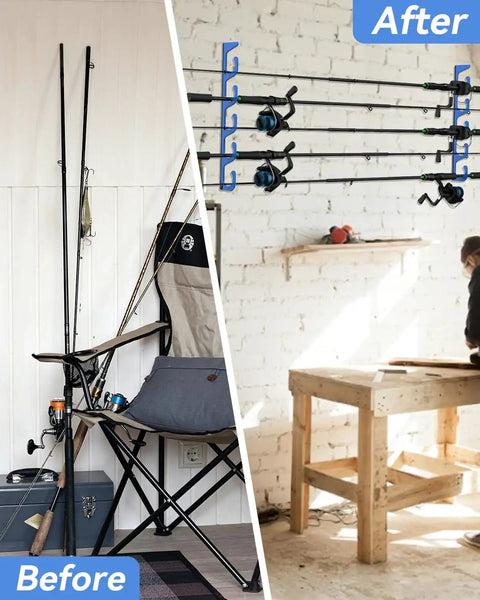 Before and after installation of Five Rod Holder Wall And Ceiling Rack For Garage Storage Fits Spinning Casting Surf And Fly Rods With 1.34 Inch Slots