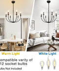 Six Light Black Farmhouse Industrial Metal Chandelier With Classic Candle Pendant Style For Dining Room Kitchen Living Spaces E12 Ceiling Fixture Vintage Chic Vibe Lighting showing warm and white light effects.