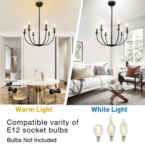 Six Light Black Farmhouse Industrial Metal Chandelier With Classic Candle Pendant Style For Dining Room Kitchen Living Spaces E12 Ceiling Fixture Vintage Chic Vibe Lighting showing warm and white light effects.