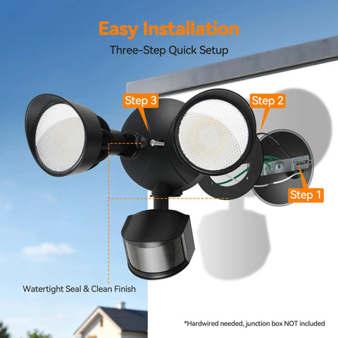 Rock Solid Dual Head LED Flood Light With Auto PIR Motion Sensor, 45W 5500 Lumens 5000K Daylight White, IP65 Weatherproof Hardwired Outdoor Security Light For Yard Or Driveway