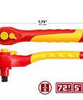 Heavy Duty 3/8 Inch Drive VDE Insulated Ratchet Wrench With 72 Tooth Gears For High Voltage Electrical And Hybrid Car Jobs Built Tough As Nails Using Chrome Vanadium Steel, showing handle and measurement.