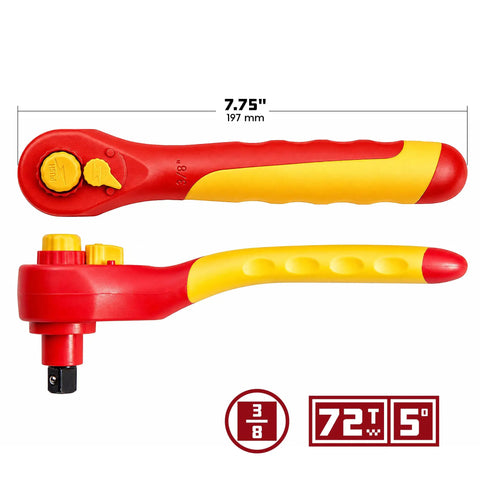Heavy Duty 3/8 Inch Drive VDE Insulated Ratchet Wrench With 72 Tooth Gears For High Voltage Electrical And Hybrid Car Jobs Built Tough As Nails Using Chrome Vanadium Steel, showing handle and measurement.