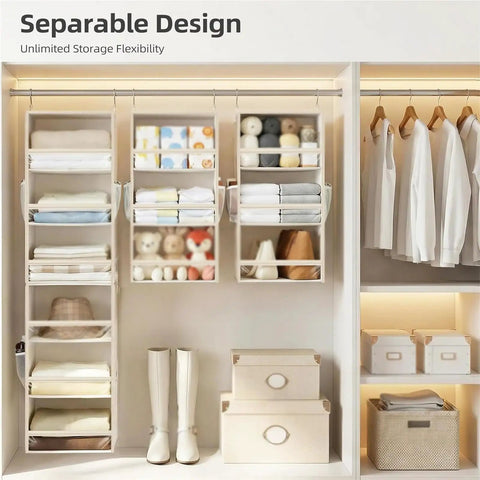 3 Tier Hanging Closet Organizer With Adjustable Detachable Shelves And Clear Window Panels For No Sweat Storage Socks Hats Gear Clean And Crisp Quick Grab Setup in a closet.
