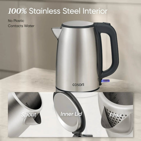 Plastic Free Interior Electric Kettle With 304 Stainless Steel, 1.7L Capacity, shown with spout, lid, filter close-ups.