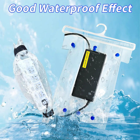 Top Shelf Waterproof Charging Cover For Electric Scooters And Ebikes Clear Rainproof Outlet Guard protecting a charging plug in water.