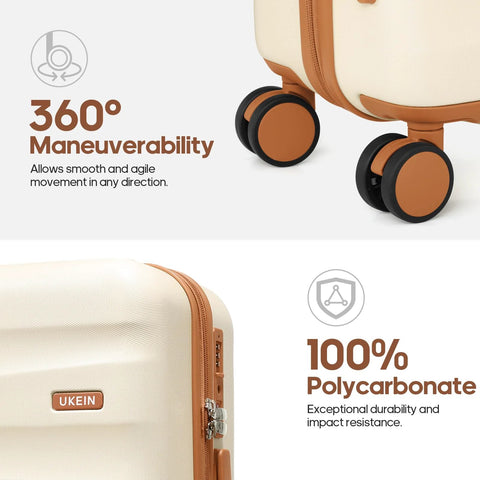 Front view of UKEIN 3-piece polycarbonate luggage set in beige with brown trim and spinner wheels