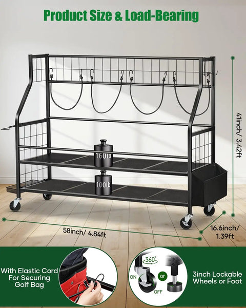 Four Bag Golf Bag Storage Rack With Wheels For Garage And Home Use All In One Organizer Keeps Clubs And Gear Off The Floor