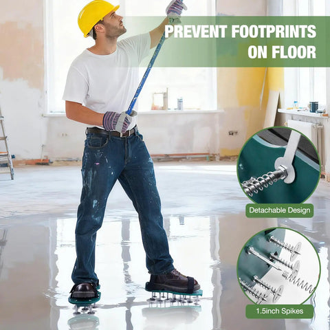 Man using adjustable spiked lawn aerator shoes with deep soil spikes and breathable straps to prevent footprints on floor.