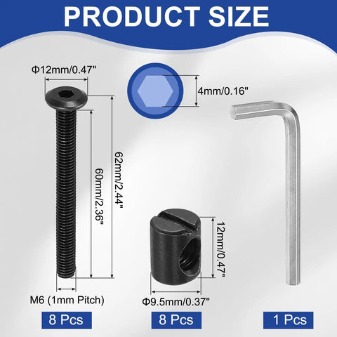 Beefed Up Zinc Plated Carbon Steel Hex Socket Cap Screws Set for Furniture Assembly, showing M6 screws, barrel nuts, and hex wrench