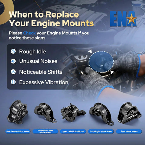 Premium Heavy Duty Five Piece Engine Motor And Transmission Mount Kit Straight Swap For Honda Civic 1996 Through 2000 1.6L L4 And Acura El Drop Dead Solid showing engine mounts and replacement signs.