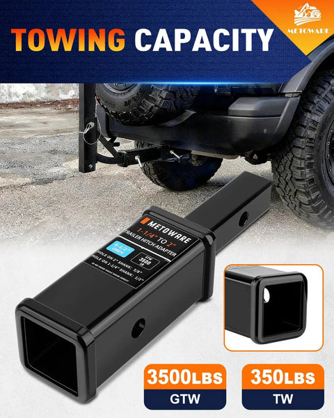 Beef Up Your Towing Setup With This Trailer Hitch Adapter Reducer From One And A Quarter Inch To Two Inch Six And A Half Inch Extension Half Inch Pin And Clip Five Eighth Inch Adapter For Three Thousand Five Hundred Lbs GTW, shown with towing vehicle