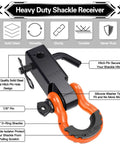 Beefy Heavy Duty Two Inch Shackle Hitch Receiver With Forty Five Thousand Pound Break Strength For Vehicle Recovery Off Road Includes Five Eighth Inch Screw Pin And Three Quarter Inch D Ring Shackles In Bright Orange And Black, front view