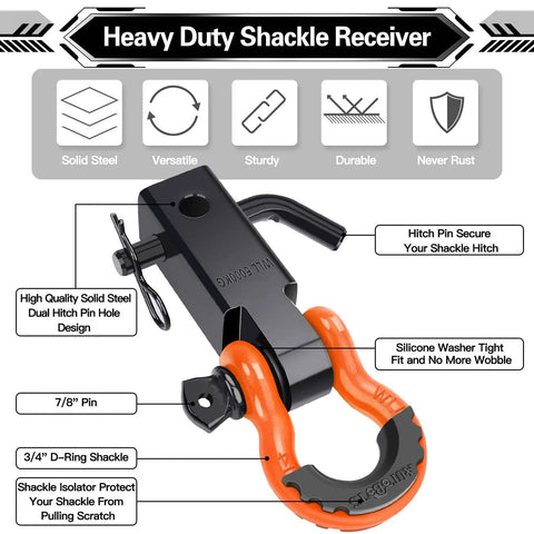 Beefy Heavy Duty Two Inch Shackle Hitch Receiver With Forty Five Thousand Pound Break Strength For Vehicle Recovery Off Road Includes Five Eighth Inch Screw Pin And Three Quarter Inch D Ring Shackles In Bright Orange And Black, front view