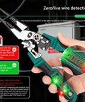 Heavy Duty Multifunction Wire Stripper And Electrical Crimper With Voltage Meter displaying zero/live wire detection feature.