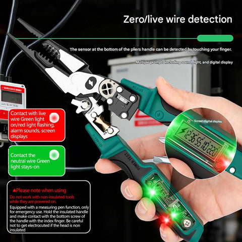 Heavy Duty Multifunction Wire Stripper And Electrical Crimper With Voltage Meter displaying zero/live wire detection feature.