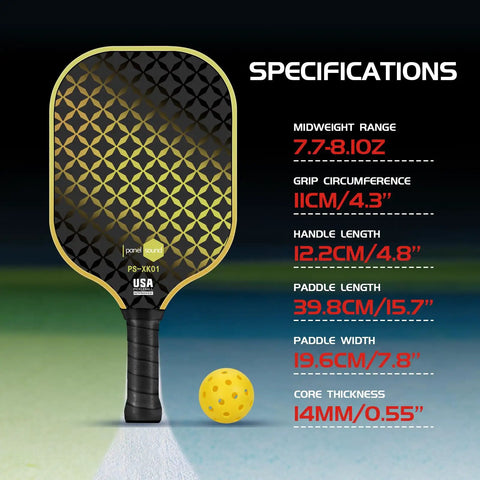 Four Pack Pickleball Paddles Set With Fiberglass Faces And 14mm Honeycomb Core, USAPA Ready Tournament Gear with specifications