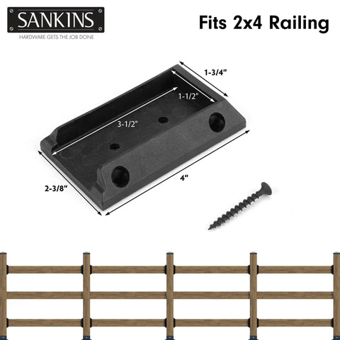 Black 10 Pack Deck Railing Bracket Connectors For 2x4 shown with dimensions, includes screw, fits fences and porches.