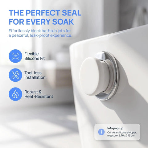 Close-up of the 5pcs Silicone Bathtub Jet Cover Plug for 30-31mm Round Holes installed, showcasing a smooth white silicone finish.