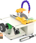 Lapidary Saw For Jewelry Making And Rock Cutting With Pro Grade Upgraded Diamond And Woodworking Blades 0 To 10000 RPM Polishing DIY Art Projects 350W Beige Easy To Use Great For Beginners And Hobbyists At Home, showing compact saw with adjustable arm and water supply.