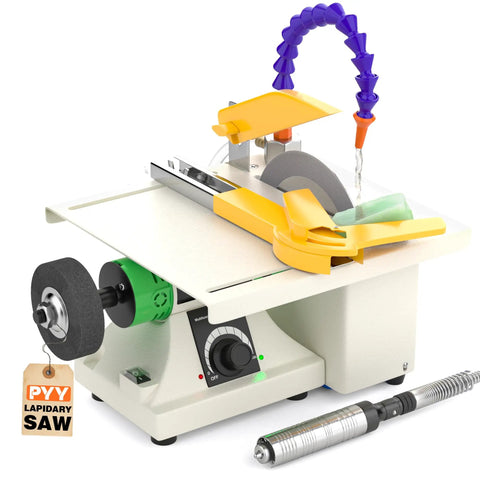 Lapidary Saw For Jewelry Making And Rock Cutting With Pro Grade Upgraded Diamond And Woodworking Blades 0 To 10000 RPM Polishing DIY Art Projects 350W Beige Easy To Use Great For Beginners And Hobbyists At Home, showing compact saw with adjustable arm and water supply.