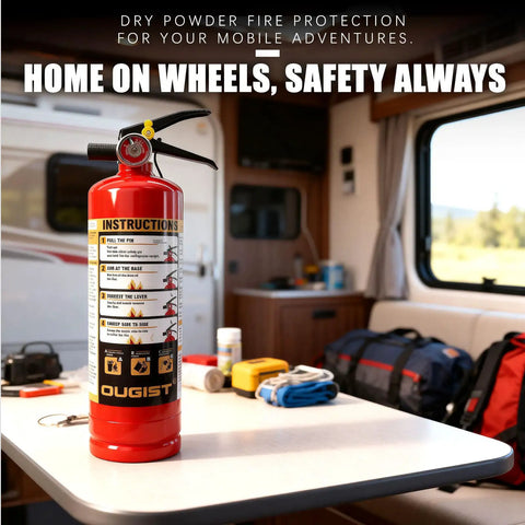 ABC Fire Extinguisher For Home And Vehicle, Two And A Half Pound Compact Fire Extinguisher For Kitchen shown on RV table