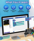 Wireless Micro Bit Controller For Robots With Built In Joystick And Four Responsive Buttons Ergonomic Grip For Makecode Coding Projects And STEM Learning A Totally Cool Gift For Kids And Teens on desk with robot coding screen