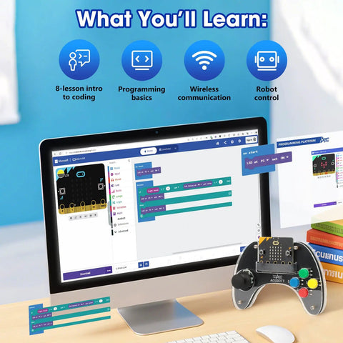 Wireless Micro Bit Controller For Robots With Built In Joystick And Four Responsive Buttons Ergonomic Grip For Makecode Coding Projects And STEM Learning A Totally Cool Gift For Kids And Teens on desk with robot coding screen