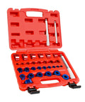 Pro Grade Bearing Race And Seal Driver Kit 33Pc With SAE And Metric Adapters in red case showing components and knurled handles.