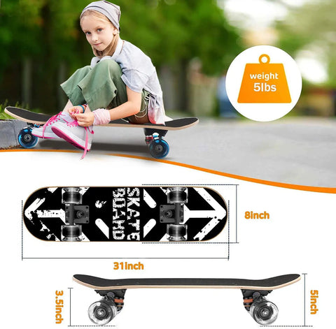 Child with Colorful Flashing Wheels Skateboard For Beginners And All Ages Dope Rad 9 Ply Canadian Maple Deck With Concave Design And Heavy Duty Aluminum Trucks Great For Kids Teens And Adults, showing skateboard dimensions and weight.