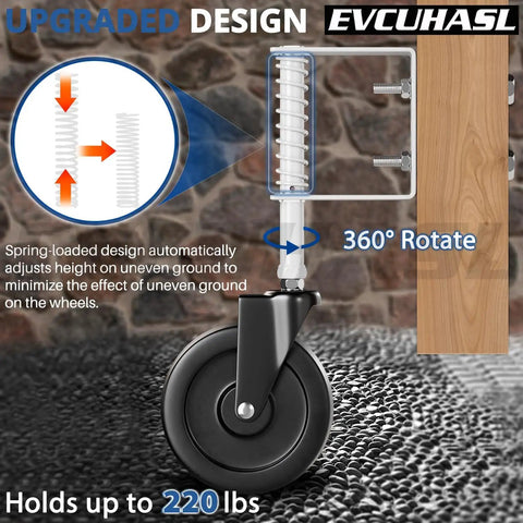 Spring Loaded Gate Caster Wheel 5 Inch Tough As Nails Heavy Duty Gate Wheel With 360 Degree Swivel For Outdoor Wooden Gates Fence Gates And Metal Tube Gates 220 Lb Capacity White 1 Pack attached to wooden gate