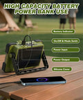 Go-To Solar Rechargeable Work Light With Stand, 120W Flood Light, on picnic table charging a phone, solar panel visible