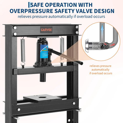20 Ton H Frame Hydraulic Shop Press Built Tough For Heavy Duty DIY And Industrial Use With Stable Power Output Pro Grade Steel Frame Ideal For Bearings Bushings Ball Joints Press Fittings And More. Black steel shop press with overload safety valve