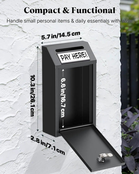 Wall-mounted black steel locking money box for cash tips and payments, magnetic label holder, key drop, and donations