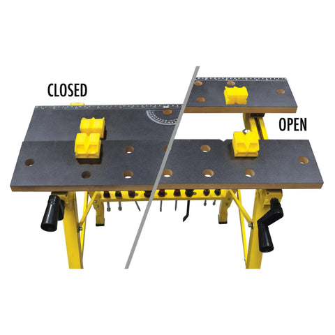 Portable All In One Workbench With Vise 200 Lb Capacity Folding Design For Easy Carry On The Go Printed Grid Tabletop With Ruler And Protractor One Handed Clamp System Jaws Resist Warping Yellow