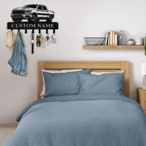 Dope Personalized Key Holder Wall Mount With Custom Name Heavy Duty Metal Car Key Rack above bed in modern bedroom
