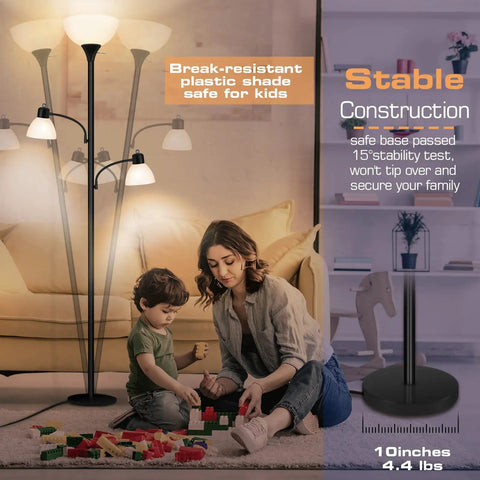 Tall Torchiere Floor Lamp With 8W Adjustable Reading Lights Industrial Tree Style Black Floor Lamp For Living Room Bedroom And Office 72 Inch Standing Lamp With Three Bulbs Included in a family living room.