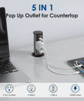 No Sweat Install 2 Inch Pop Up Receptacle For Countertops And Desks, spring loaded design with 2 AC outlets and 3 USB ports.