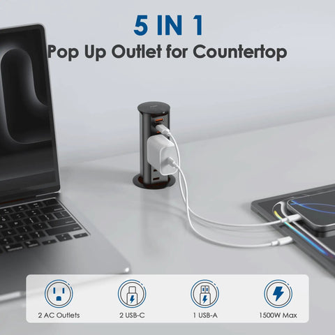 No Sweat Install 2 Inch Pop Up Receptacle For Countertops And Desks, spring loaded design with 2 AC outlets and 3 USB ports.