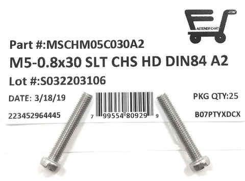 M5 X 30MM Slotted Cheese Head Machine Screw Stainless Steel A2 304 DIN84 Fastener 25 Pack with part details visible