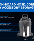Infographic of 6 Gallon Ash Vacuum With 8 Amp Motor, Ultra Quiet Power, showing onboard accessory storage and caster wheels.