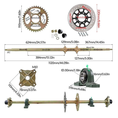 44 Inch Rear Live Axle Kit With 22x10-10 Wheels, 428 Chain Drive, Brake, and Steering System for DIY projects and builds