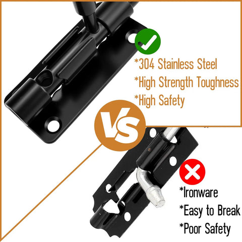 Comparison of Heavy Duty 2 Piece Black 4 Inch Slide Bolt Gate Latch Kit With Smooth Operation crafted from hardcore 304 stainless steel vs inferior design.